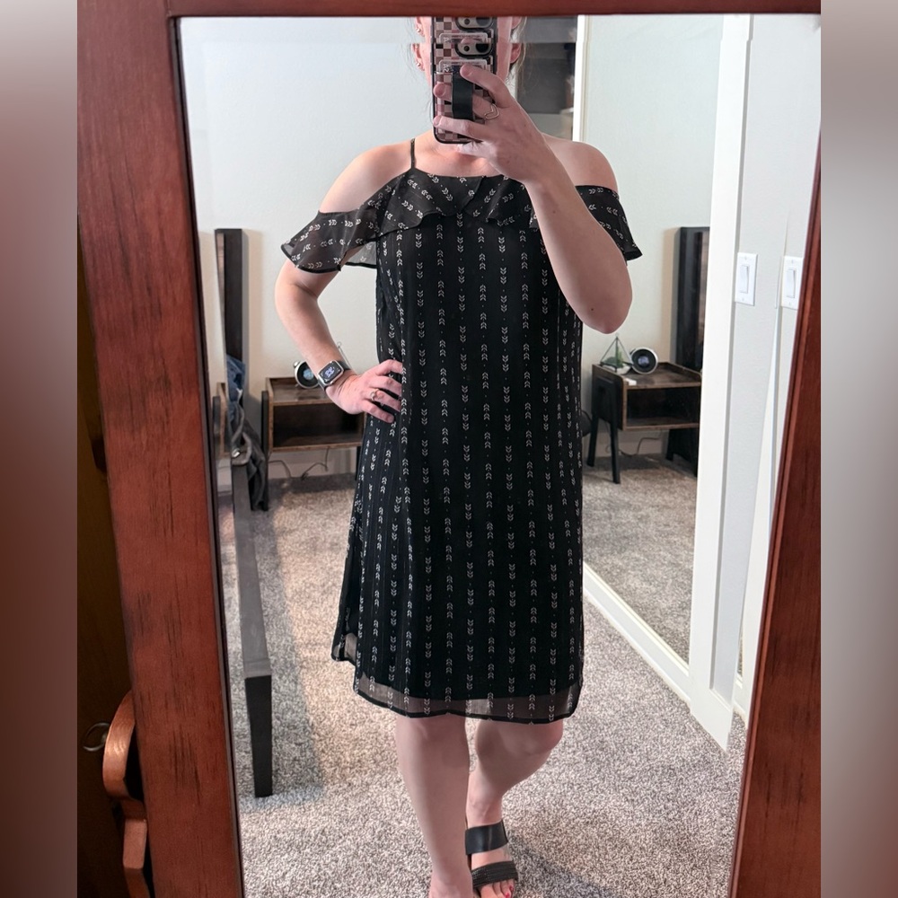 Maurice’s Off-Shoulder Black Dress with Pattern and Ruffle detail. Size M